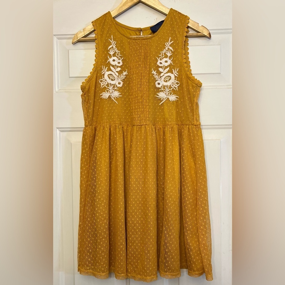 🌻 Blue Rain by Francesca’s - Mustard Yellow Embroidered Sleeveless Dress - Picture 2 of 9